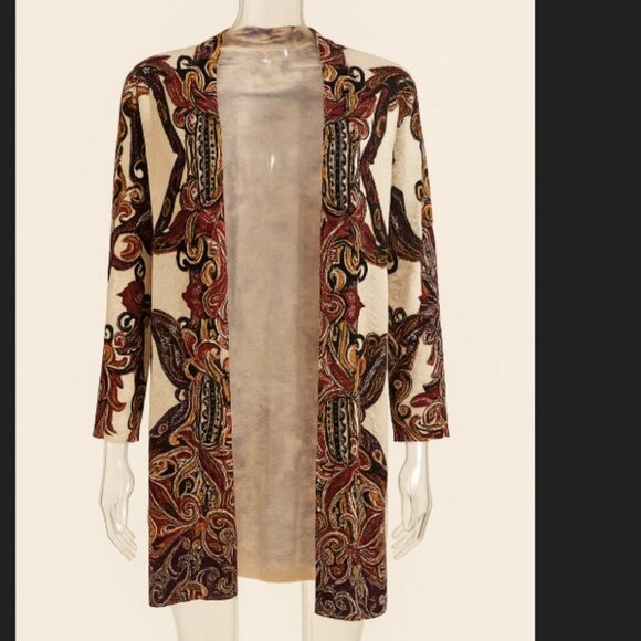 Chico’s Open Front Cardigan Paisley Print Long Sleeve Lightweight Sweater Size 2 - Picture 1 of 7
